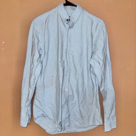 ZARA Slim Fit Baby Blue Distressed Hem Dress Shirt Size Medium - Picture 1 of 8